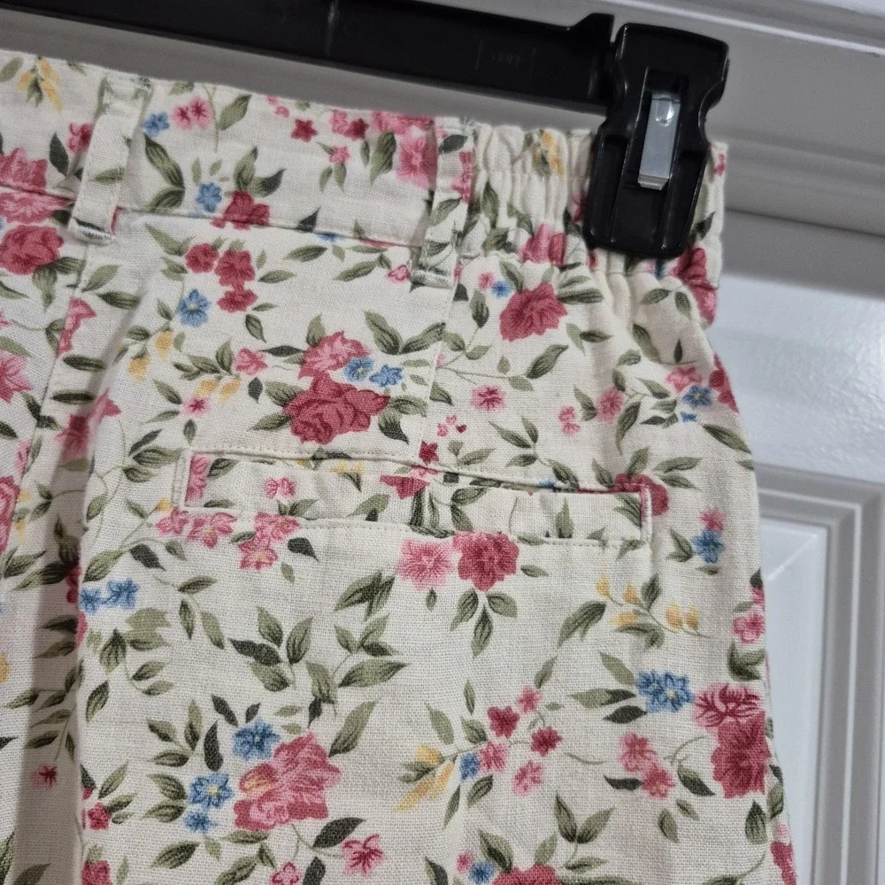 Vintage Shorts Womens 10 Cream Floral Linen‎ Blend High Rise Pleated Cottagecore